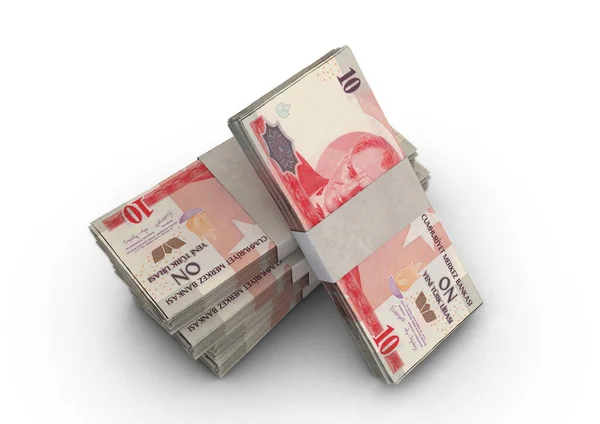 在一个孤立的背景下 一堆捆扎在一起的土耳其里拉钞票 3D渲染 — 图库照片