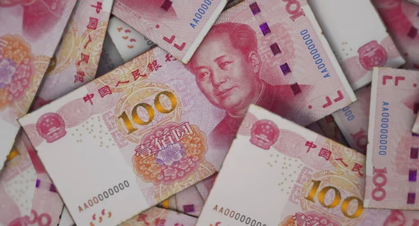 Close View Scattered Pile Chinese Yuan Banknotes Render — Stock Photo, Image