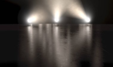 Karanlık bir arkaplanda üç çok yönlü spot ışıklarıyla aydınlatılan boş bir siyah yansıtıcı yüzey - 3D görüntüleme