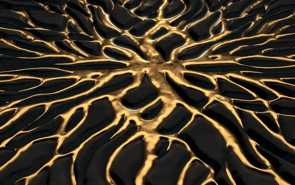 一种抽象的概念 即熔融的金金属以相互关联的网络的形式流经黑暗岩石的缝隙 3D渲染 — 图库照片