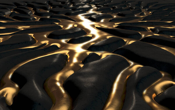 An abstract concept showing molten gold metal flowing through crevices of a dark rock in the shape of an interconnected network - 3D render