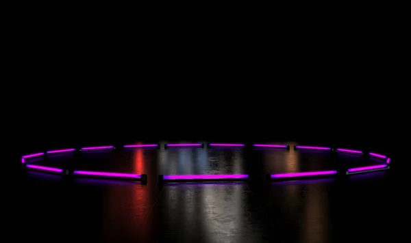 Pusta Czarna Powierzchnia Odblaskowa Oświetlona Okrągłym Układem Fioletowych Świateł Fluorescencyjnych — Zdjęcie stockowe