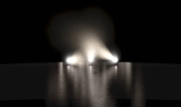 Eine Leere Schwarze Reflektierende Bühnenoberfläche Hinterleuchtet Von Drei Miultidirektionalen Scheinwerfern — Stockfoto
