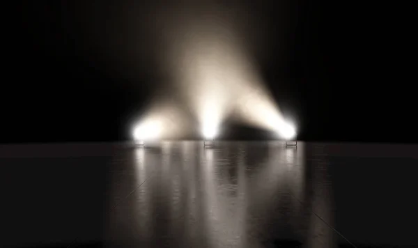 Eine Leere Schwarze Reflektierende Bühnenoberfläche Hinterleuchtet Von Drei Miultidirektionalen Scheinwerfern — Stockfoto