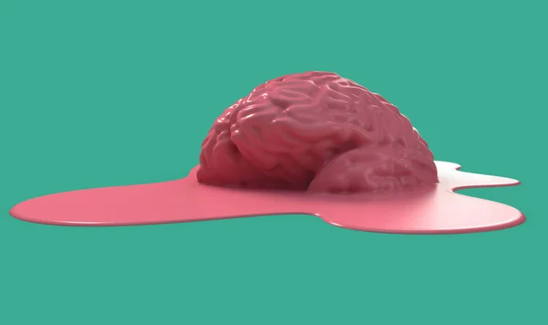 Concepto Simulado Cerebro Humano Fundiéndose Charco Líquido Sobre Fondo Verde — Foto de Stock