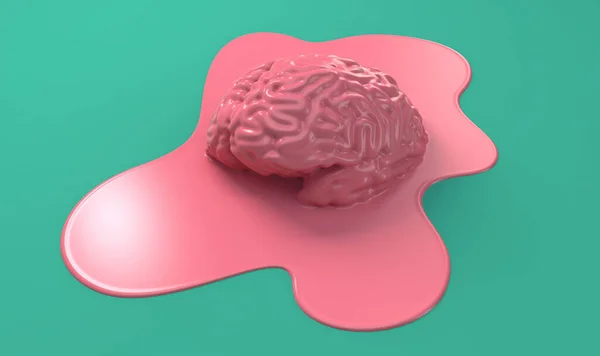 緑の背景に人間の脳が液体の水たまりに溶け込むというシステムの概念 3Dレンダリング — ストック写真
