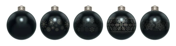 Eine Linie Schwarzer Christbaumkugeln Mit Verschiedenen Kunstvollen Schneeflockenmustern Auf Einem — Stockfoto