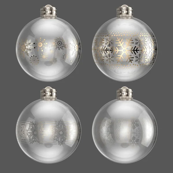 圣诞彩灯 玻璃做的 装饰有不同华丽的雪花图案 白色背景 3D渲染 — 图库照片
