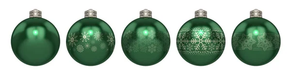 Line Green Christmas Baubles Decorated Different Ornate Snowflake Patterns Isolated — Stock Photo, Image