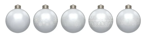 Uma Linha Bugigangas Natal Branco Decorado Com Diferentes Padrões Ornamentados — Fotografia de Stock