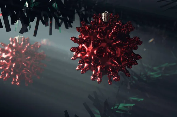 偽の緑のクリスマスツリーにぶら下がっているコロナウイルス分子の形をした赤いクリスマスの泡の概念 3Dレンダリング — ストック写真