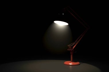 İzole edilmiş siyah bir arka plan üzerine aydınlatılmış klasik bir kırmızı masa lambası - 3D görüntüleme