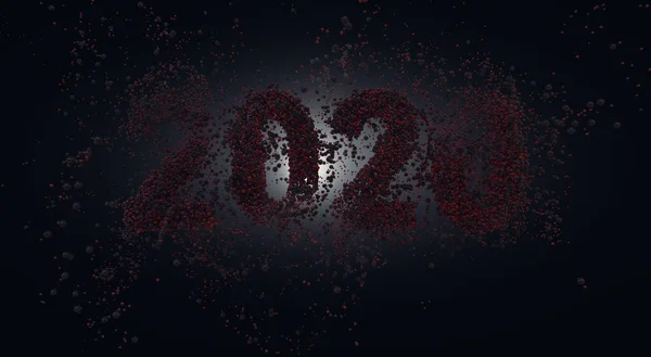 黒の背景に2020年にスペリングアウトされた赤いウイルス分子で構成された数の詳細なビュー 3Dレンダリング — ストック写真