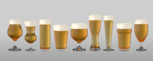 Various shaped beer glasses filled with beer and a head of foam on an isolated background - 3D renders