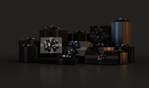 一套不同尺寸的礼品盒 用黑色纸包着 有黑色缎带 并在独立的工作室背景上鞠躬 3D渲染 — 图库照片
