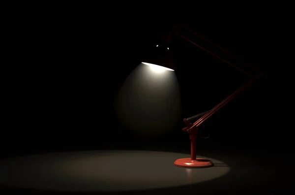 A vintage red desk lamp illuminated on an isolated black studio background - 3D render