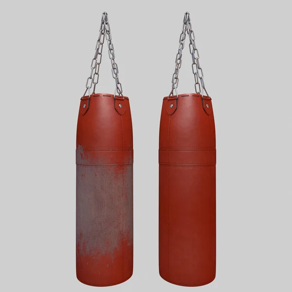 Worn New Red Leather Punching Bags Hanging Side Side Chains — Stock Photo, Image