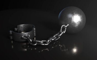 Bir spot ışığı tarafından aydınlatılan izole edilmiş koyu bir zincire bağlı ağır metal bir top ve zincir.