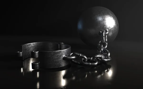 A heavy metal ball and chain with an opened shackle on an isolated dark background lit by a spotlight - 3D render