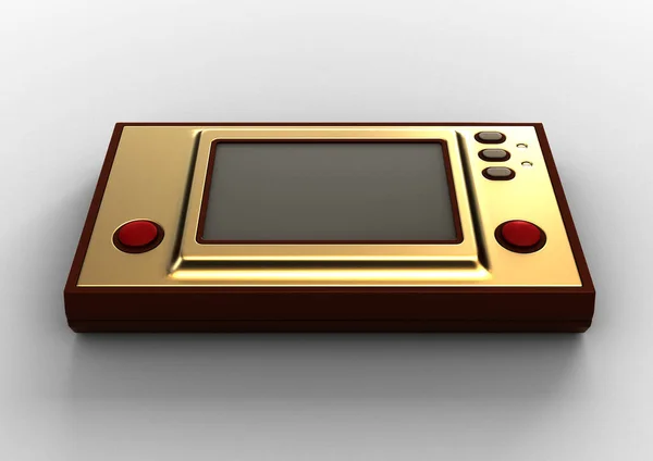 Unbranded retro portable game console with a blank screen on an isolated white background - 3D render