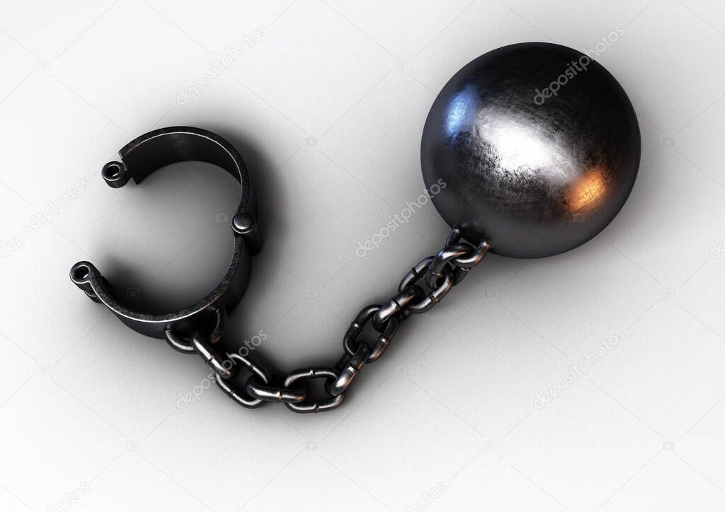 A heavy metal ball and chain with an opened shackle on an isolated studio background - 3D render