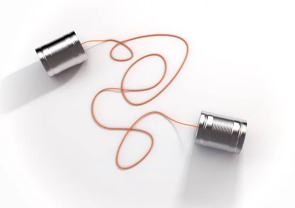 Pair Homemade Toy Telephones Made Empty Tin Cans Connected Wth — Stock Photo, Image