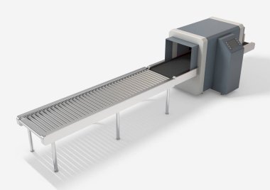 Kauçuk bir taşıyıcıdaki bir dizi karton kutu izole bir arkaplanda X-ray kargo tarayıcısından geçiyor.