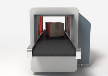 Kauçuk bir taşıyıcıdaki bir dizi karton kutu izole bir arkaplanda X-ray kargo tarayıcısından geçiyor.