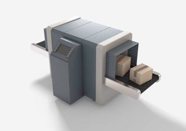 Kauçuk bir taşıyıcıdaki bir dizi karton kutu izole bir arkaplanda X-ray kargo tarayıcısından geçiyor.