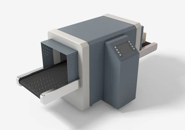 ゴムコンベア上の一連の段ボール箱は 隔離されたバックグラウンドでカトムX線貨物スキャナーを通過します 3Dレンダリング — ストック写真
