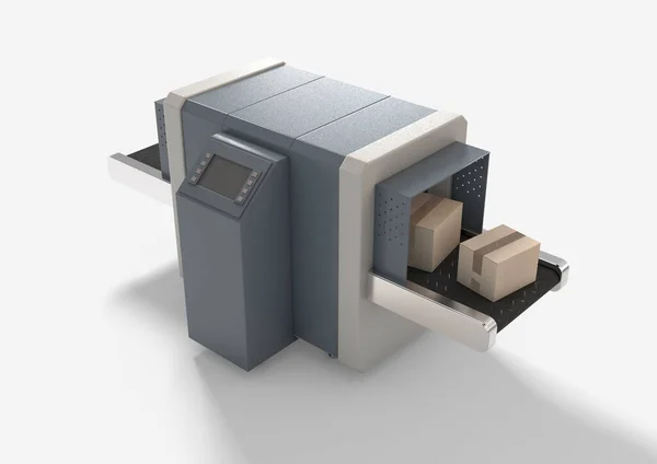 Uma Série Caixas Papelão Transportador Borracha Passando Por Scanner Carga — Fotografia de Stock