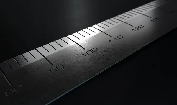 暗い雰囲気の背景に刻まれた測定値を持つ産業用鋼定規の数100セクションの極端なクローズアップビュー 3Dレンダリング — ストック写真