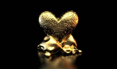 A lump of gold chiselled out to form a heart shape propped up by a stand of rough rocks on an isolated dark background - 3D render clipart