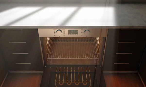 Look Clean Kitchen Cupboards Open Empty Hot Oven Morning Light — Stock Photo, Image