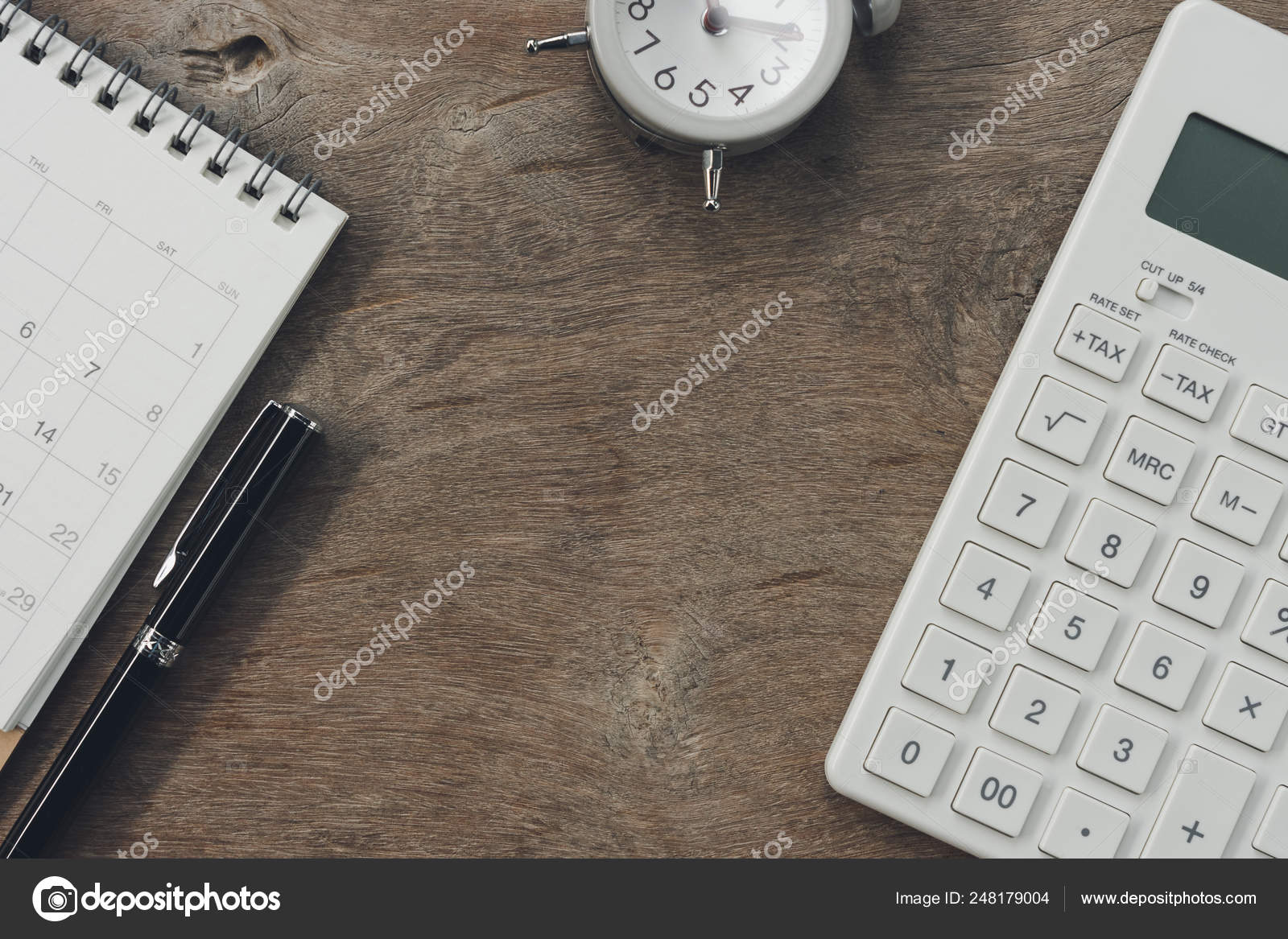 Flat Lay Of Top View Office Table Desk With Calendar Calculator