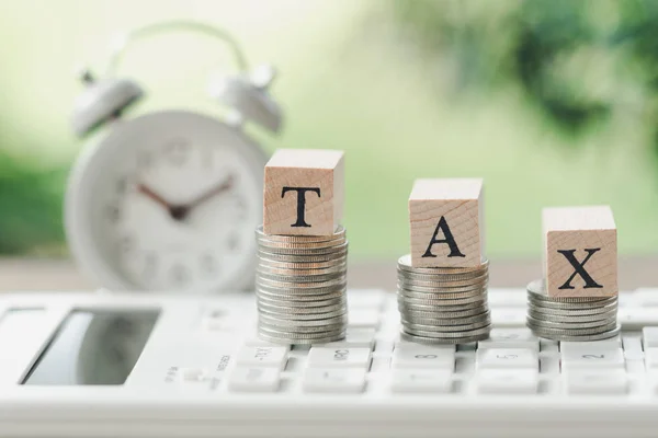 Pagare il reddito annuo (TAX) per l'anno. parola di legno TAX posto su st — Foto Stock