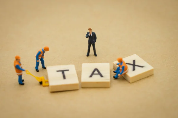 Miniaturní lidí podnikatelé stojící s dřevěným slovo daň pomocí — Stock fotografie