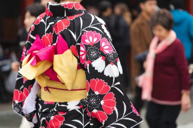 Sensoji önünde ayakta Japon kimono giyen genç kız 