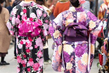 Sensoji önünde ayakta Japon kimono giyen genç kız 