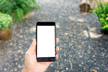 Kadın el izole hareket eden smartphones w tutarak mockup görüntü