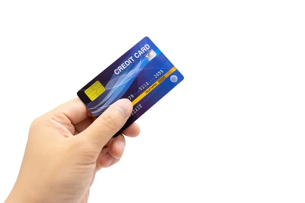 Mano personal con tarjeta de crédito, fondo blanco, dinero en efectivo co — Foto de Stock
