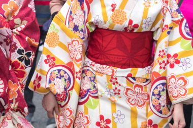 Sensoji önünde ayakta Japon kimono giyen genç kız 