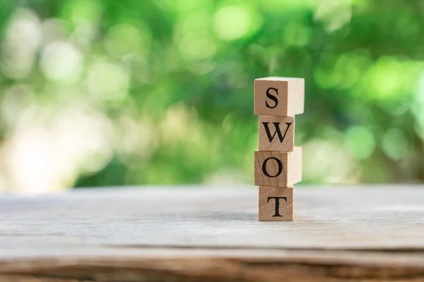 Wood word SWOT placed on wood table as background strategy conce