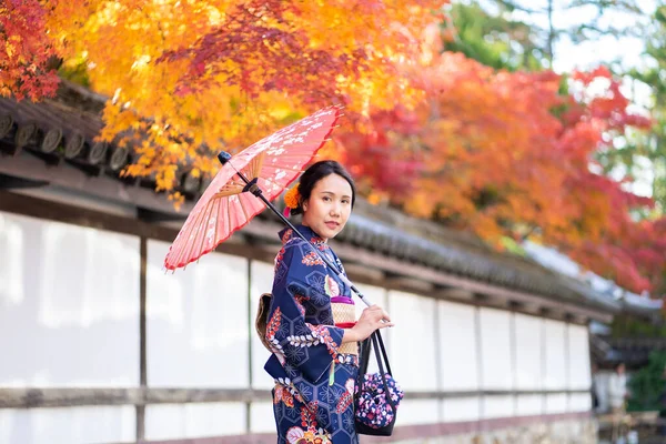 Chica Geishas Usando Kimono Japonés Entre Puerta Madera Roja Tori —  Fotos de Stock