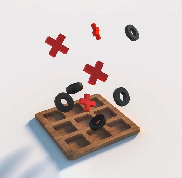 Ahşap tic tac toe oyun beyaz arka plan bulanık. Kırmızı haçlar