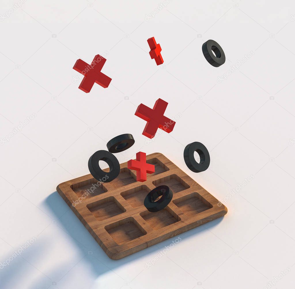 Wooden tic tac toe game on white blurred background. Red crosses