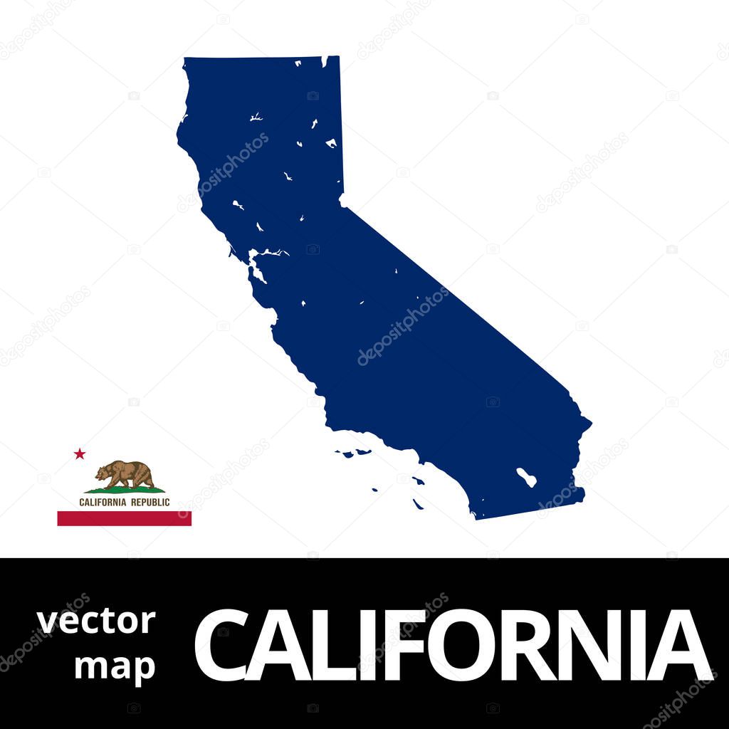 California vector map with state flag. Blue map on white background.