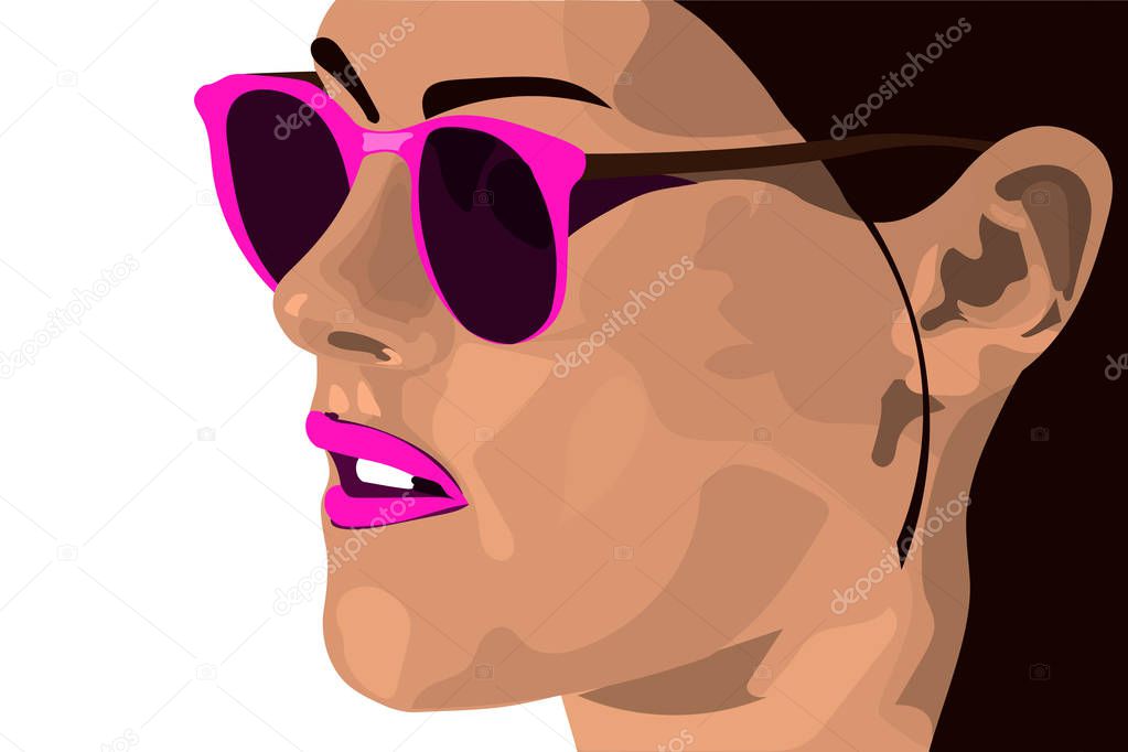 Girl in pink sunglasses with dark hair. Stylish vector illustration 