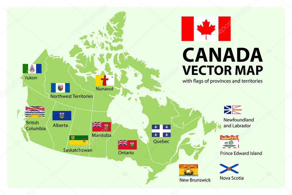 Vector set. Map of Canada with provinces and territories borders and vector flags.