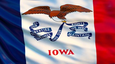 Iowa bayrak. Devletin Iowa, Amerika Birleşik Devletleri bayrağı sallayarak. 3D çizim